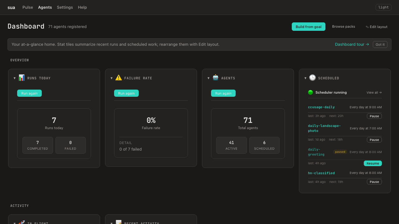 Some Useful Agents Pulse dashboard showing runs, schedules, and system visibility.