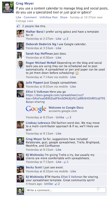 a conversation among community manager types on Facebook