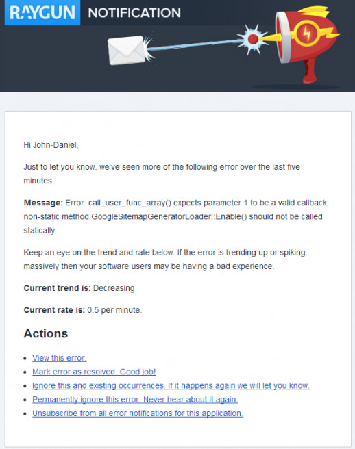 Error notification email example